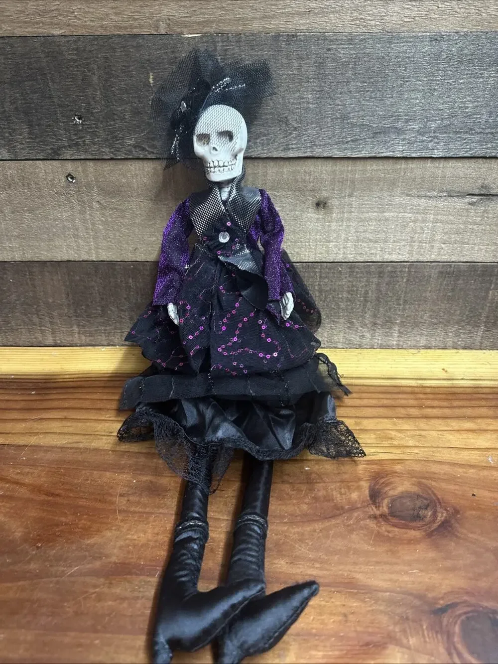 Halloween Skeleton Shelf Sitter black Dress Purple Tulle 18” Figurine